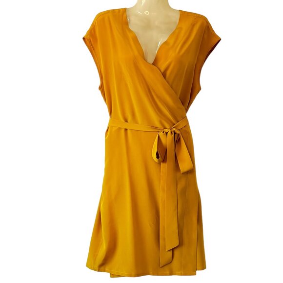 LILYSILK Silk Wrap Dress Sun Yellow Side Pockets Cap Sleeve Size M - Picture 1 of 15